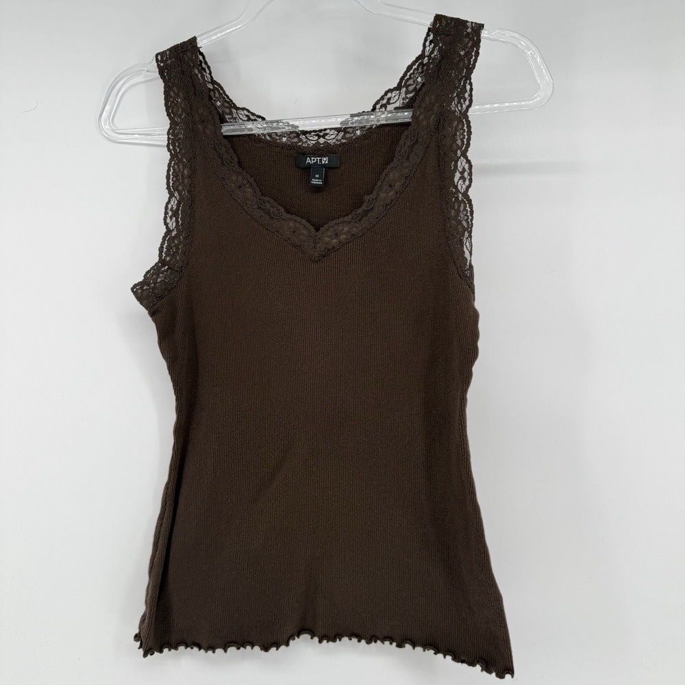 Vintage Y2K Apt 9 Brown Lace Trim Tank Top Sz M Ribbed Lettuce Edge